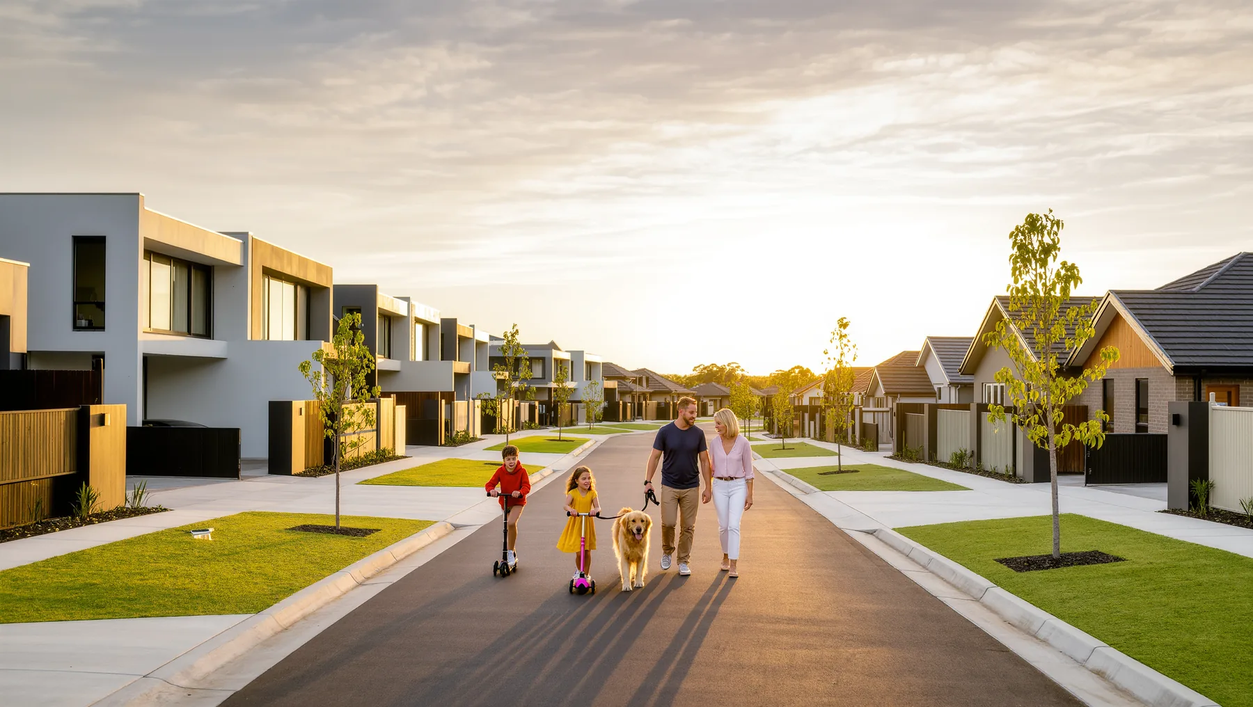 Suburban street at golden hour in Cranbourne West